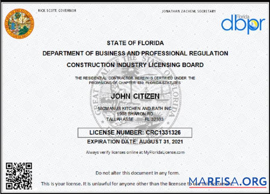 Realistic USA Florida Contractor Business license download for verification
